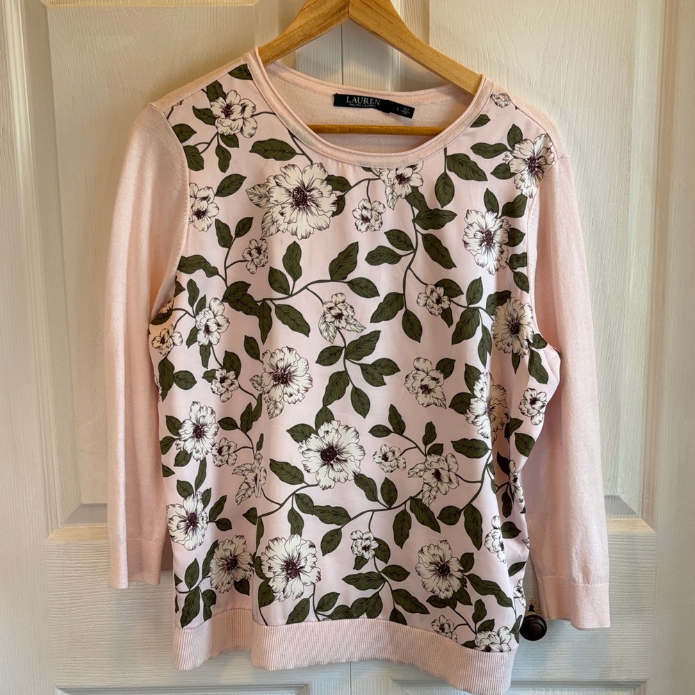 Lauren Ralph Lauren Pink Floral Mixed Media Sweater 3/4 Sleeve Crew Neck Large